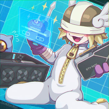 1other blonde_hair bodysuit covered_eyes dclaret digimon digimon_(creature) fang geforce_rtx_4090 graphics_card helmet helmet_over_eyes highres holding holding_screwdriver kneeling kuramon luxmon screwdriver short_hair solo_focus white_bodysuit winged_helmet