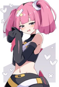 1girl :d bandaid bandaid_hair_ornament black_eyes black_hair blush coral_(pokemon) crop_top detached_sleeves fang hair_ornament heart highres long_sleeves looking_at_viewer midriff multicolored_hair navel nintendo open_mouth pink_hair piyo_to_game pokemon pokemon_(anime) pokemon_horizons sleeves_past_fingers sleeves_past_wrists smile solo twintails two-tone_hair