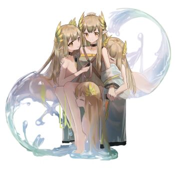 1girl absurdres andersonalac arknights ass chinese_commentary closed_eyes closed_mouth commentary_request cropped_torso dress elf full_body green_dress highres holding_hands laurels light_brown_hair light_smile long_hair looking_at_viewer mole mole_under_eye muelsyse_(arknights) multiple_views nude parted_lips pointy_ears sitting tagme very_long_hair water water_drop yellow_eyes