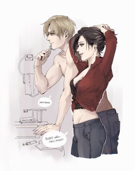 1boy 1girl ada_wong adjusting_hair arms_up arnyrisk bathroom black_hair blonde_hair blue_pants breasts chinese_commentary cleavage commentary_request cowboy_shot crop_top denim english_text from_side highres holding indoors jeans leon_s._kennedy lips male_focus midriff pants parted_lips profile red_shirt resident_evil shaving shaving_beard shirt short_hair sink speech_bubble tied_shirt topless_male tying_hair