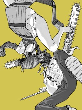 1boy 1girl abs apron ass bare_shoulders barefoot black_pants bomb bomb_devil_(chainsaw_man) breasts chainsaw chainsaw_devil chainsaw_man cleavage collared_shirt denji_(chainsaw_man) elbow_gloves explosive fighting gloves hashtag-only_commentary highres medium_breasts monochrome open_clothes open_shirt pants pectorals reze_(chainsaw_man) sharp_teeth shirt shoes sneakers sukesukeburger teeth thighs tongue tongue_out white_pants white_shirt yellow_background