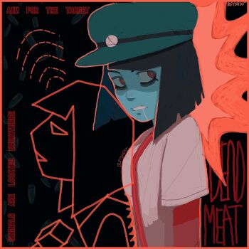 Rule 34 | 2girls, bags under eyes, black hair, bleydhdu, blue skin, blunt bangs, blunt ends, bob cut, colored skin, drooling, ena: dream bbq, ena (dream bbq), ena (series), ena (species), green hat, hangover ena, hat, highres, hole in stomach, hole on body, low poly, multicolored skin, multiple girls, parted lips, red eyes, red pupils, red skin, salesperson ena, shirt, short sleeves, source quote, two-tone skin