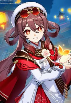 1girl artist_name bad_source genshin_impact highres hu_tao_(cherries_snow-laden)_(genshin_impact) hu_tao_(genshin_impact) kairart night patreon_username smile solo standing twitter_username