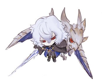 Rule 34 | 1boy, 1other, angry, blue coat, boots, brown pants, character request, coat, commentary request, fur coat, gio dwinter, hair between eyes, highres, holding, holding weapon, jewelry, lance, medium hair, messy hair, overcoat, pale skin, pants, permafrost (tsukihime), polearm, red eyes, tsukihime, tsukihime (remake), vlov arkhangel, weapon, white hair