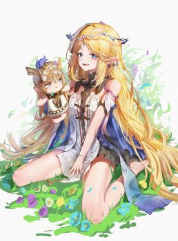 1girl absurdres bare_shoulders black_collar black_dress blonde_hair blue_eyes breasts cartethyia_(wuthering_waves) collar commentary crown_of_thorns dress earrings hand_puppet highres jewelry long_hair looking_at_viewer medium_breasts necklace open_mouth parted_bangs pointy_ears puppet riruru_(dlarp0309) sidelocks sitting smile solo tabard tacet_mark_(wuthering_waves) teeth thighs upper_teeth_only very_long_hair wariza white_tabard wuthering_waves