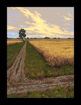 aseprite_(medium) black_border blue_sky border cloud cloudy_sky commentary day english_commentary grass highres landscape no_humans original outdoors path philipp_urlich pixel_art road scenery sky tree wheat_field