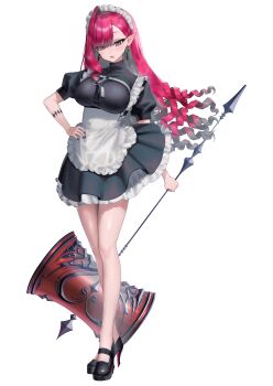 Rule 34 | 1girl, absurdres, alternate costume, apron, baobhan sith (fate), black dress, blush, breasts, commentary, dress, enmaided, fate/grand order, fate (series), full body, grey eyes, hammer, hand on own hip, high heels, highres, holding, holding hammer, katashiro, looking at viewer, maid, maid apron, maid headdress, open mouth, pink hair, pointy ears, solo