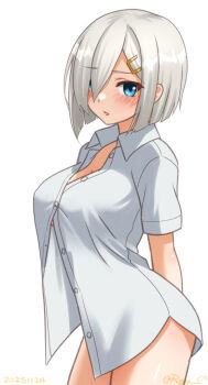 1girl arms_behind_back blue_eyes blush bottomless breasts commentary_request cowboy_shot dated eyes_visible_through_hair grey_hair hair_ornament hair_over_one_eye hairclip hamakaze_(kancolle) kantai_collection large_breasts looking_at_viewer naked_shirt one-hour_drawing_challenge open_mouth ray.s shirt short_hair simple_background solo twitter_username white_background white_shirt
