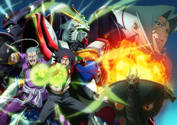 1girl 2boys absurdres belt black_gloves black_hair braid character_request domon_kasshu facial_hair fighting_stance fingerless_gloves g_gundam gloves glowing glowing_eyes glowing_hand god_gundam green_eyes grey_hair gundam headband highres key_visual long_hair looking_at_viewer martial_arts master_asia master_gundam mecha multiple_boys mustache official_art open_mouth promotional_art robot scar science_fiction short_hair super_robot v-fin