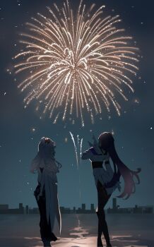 2girls aerial_fireworks bronya_zaychik commentary english_commentary fireworks highres honkai_(series) honkai_impact_3rd htt_(user_phhn3327) long_hair multiple_girls raiden_mei scenery
