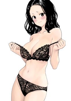 1girl absurdres black_bra black_eyes black_hair black_panties blush bra bra_pull breasts cleavage closed_mouth clothes_pull collarbone commentary_request highres kuroki_yuushin lace lace_bra lace_panties large_breasts legs medium_hair navel original panties smile solo standing stomach teasing thighs underwear undressing