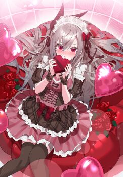 Rule 34 | 1girl, absurdres, alternate costume, balloon, black bow, black dress, blush, bow, box, commentary, double-parted bangs, dress, flower, frilled dress, frills, gift, grey hair, hair between eyes, hair bow, heart-shaped box, heart balloon, highres, holding, holding gift, hololive, hololive dev is, isaki riona, layered dress, long hair, looking at viewer, lying, off-shoulder dress, off shoulder, on back, one side up, panda 0035, plaid clothes, plaid dress, pout, puffy short sleeves, puffy sleeves, purple eyes, red flower, red rose, rose, short sleeves, sidelocks, solo, untranslatable commentary, virtual youtuber, wrist cuffs