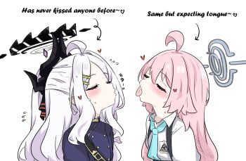 2girls ahoge arrow_(symbol) black_halo black_horns blue_archive blue_necktie blush closed_eyes collared_shirt commentary demon_girl demon_horns e_v_e_neko english_text flying_sweatdrops grey_halo halo hasn&#039;t_kissed_anyone_ever_vs_expecting_a_kiss_with_tongue_(meme) heart highres hina_(blue_archive) horns hoshino_(blue_archive) long_hair long_sleeves meme multiple_girls necktie open_mouth pink_hair pointy_ears shirt simple_background tongue tongue_out white_background white_hair white_shirt yuri