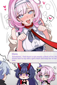 +_+ 1boy 2girls absurdres blue_eyes blush breasts commentary elf elysia_(honkai_impact) elysia_(miss_pink_elf)_(honkai_impact) english_text hairband heart heart-shaped_pupils highres holding holding_leash honkai_(series) honkai_impact_3rd horns imagining kevin_kaslana large_breasts leash long_hair mini2chainz multiple_girls official_alternate_costume paw_pose pink_hair pointy_ears purple_eyes raiden_mei red_horns shirt symbol-shaped_pupils tongue tongue_out very_long_hair white_hair white_hairband white_shirt