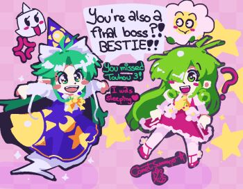 2girls ascot bakebake_(touhou) bow capelet chibi chibi_only comet_summoner98 deformed dress english_text ghost ghost_tail green_eyes green_hair hair_bow hair_over_one_eye hat kazami_yuuka kazami_yuuka_(pc-98) long_hair long_sleeves mima_(touhou) multiple_girls open_mouth pants pantyhose plaid_clothes plaid_pants plaid_vest red_shoes shirt shoes smile speech_bubble star_(symbol) talking touhou touhou_(pc-98) trait_connection vest white_bow white_pantyhose white_shirt witch_hat wizard_hat