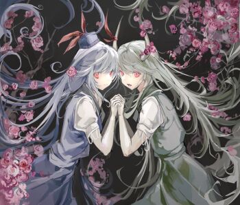 Rule 34 | 2girls, blue dress, blue hair, blue hat, bow, commentary request, cowboy shot, dress, dual persona, ex-keine, fangs, floating hair, flower, from side, green dress, green hair, hands up, hat, highres, holding hands, horn bow, horn ornament, horns, interlocked fingers, kamishirasawa keine, long hair, looking at viewer, looking to the side, multiple girls, pinafore dress, puffy short sleeves, puffy sleeves, red eyes, sesmkun, shirt, short sleeves, sleeveless, sleeveless dress, symmetry, touhou, very long hair, white shirt