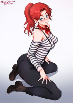 1girl aqua_eyes armpit_crease artist_name ass black_pants breasts clair_obscur:_expedition_33 from_side full_body high_ponytail highres kneeling looking_at_viewer maelle_(clair_obscur:_expedition_33) medium_breasts mina_cream pants ponytail red_hair red_scarf scarf shirt shoes solo striped_clothes striped_shirt suspenders white_background