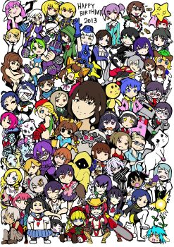 Rule 34 | 6+girls, ace attorney, beret, bioshock, bioshock (series), bioshock infinite, black hair, blonde hair, blue eyes, blue gloves, blue hair, blue skirt, bow, braid, brown eyes, brown footwear, brown hair, bun with braided base, cammy white, canaan (character), catherine (game), chainsaw, character request, copyright request, cowboy hat, crossover, danganronpa (series), elizabeth (bioshock infinite), english text, eye mask, food, fukawa toko, genocider shou, gloves, green hair, grey eyes, grey hair, hair ornament, hair over one eye, hair tubes, happy birthday, hat, highres, hit-girl, holding, holding scissors, horns, jojo no kimyou na bouken, kick-ass, light blue hair, mask, multiple crossover, multiple girls, one eye closed, persona, pink hair, purple eyes, purple hair, purple skirt, red bow, red eyes, red footwear, red hair, red hat, sailor collar, samidare satsuki, sawashiro miyuki, school uniform, scissors, sharp teeth, skirt, street fighter, tears, teeth, top wo nerae! (series), top wo nerae 2!, twintails, voice actor connection, voice actor tribute, white footwear, white hair, yellow eyes, yoshino chidori