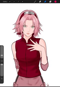 1girl arm_behind_back art_program_in_frame artist_logo chococurrent closed_mouth commentary cowboy_shot elbow_pads english_commentary eyelashes green_eyes hairband hand_up haruno_sakura highres logo looking_at_viewer medium_hair naruto_(series) naruto_shippuuden pink_hair pink_overskirt red_hair red_shirt screencap shirt simple_background sleeveless sleeveless_shirt white_background
