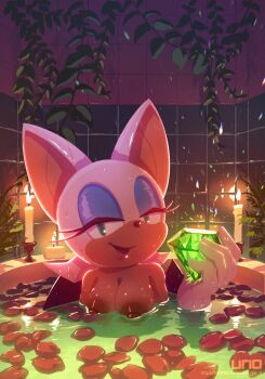 1girl artist_name bat_wings bath bathroom bathtub blue_eyes breasts candle chaos_emerald eyeshadow female_focus fire functionally_nude furry furry_female gem gloves green_eyes green_gemstone half-closed_eyes highres holding holding_gem indoors karasuno_yui large_areola large_breasts large_nipples lipstick looking_at_viewer makeup nipples nude open_mouth partially_submerged petals petals_on_liquid plant red_petals rose_petals rouge_the_bat short_hair signature smile solo sonic_(series) third-party_edit twitter_username upper_body vines water watermark web_address wet white_gloves white_hair wings