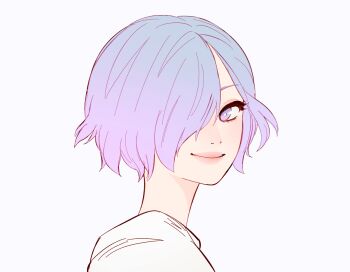 1girl closed_mouth commentary eyelashes hair_over_one_eye ithmid kirishima_touka purple_eyes purple_hair short_hair simple_background smile solo tokyo_ghoul white_background