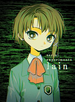 1girl asymmetrical_hair brown_eyes brown_hair buttons closed_mouth collared_shirt eyelashes grey_jacket hair_ornament highres iwakura_lain jacket long_sleeves looking_at_viewer menma_(enaic31) red_ribbon ribbon school_uniform serial_experiments_lain shirt short_hair solo static upper_body white_shirt x_hair_ornament