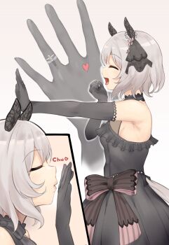 1boy 1girl :d ^_^ absurdres animal_ears black_bow black_dress black_gloves black_ribbon blush bound bow clenched_hand closed_eyes commentary_request curren_chan_(sakutsuki_ma_cherie)_(umamusume) curren_chan_(umamusume) dress ear_covers elbow_gloves from_side giant giantess gloves grey_hair heart hetero highres horse_ears horse_girl horse_tail imminent_kiss jewelry mido_(midosge) multiple_views official_alternate_costume open_mouth outstretched_arm outstretched_arms profile ribbon ring short_hair size_difference smile sound_effects sound_effects_only spread_arms striped_bow striped_ribbon tail trainer_(umamusume) umamusume