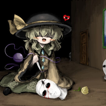1girl black_hat black_shoes closed_eyes commentary_request contrast_collar door flower green_hair green_skirt hair_between_eyes hat hat_ribbon heart heripantomorrow holding holding_knife indoors knife komeiji_koishi long_sleeves open_mouth ribbon rose shirt shoes skirt smile solo third_eye touhou wide_sleeves yellow_flower yellow_ribbon yellow_rose yellow_shirt
