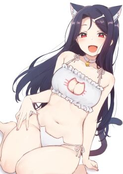 1girl :d animal_ears bare_shoulders bell black_hair blush bone_hair_ornament bra breasts cat_cutout cat_ear_panties cat_ears cat_girl cat_lingerie cat_tail choker cleavage cleavage_cutout clothing_cutout collarbone dutch_angle hair_ornament hairclip highres long_hair looking_at_viewer medium_breasts nagami_yuu navel neck_bell open_mouth original panties red_eyes ribbon side-tie_panties simple_background sitting smile solo tail underwear underwear_only very_long_hair wariza white_background white_bra white_choker white_panties white_ribbon