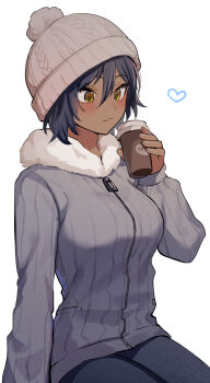 1girl agamemega beanie black_hair blush breasts brown_hat closed_mouth cup dark-skinned_female dark_skin disposable_coffee_cup disposable_cup eyelashes fur-trimmed_jacket fur_trim grey_jacket hair_between_eyes hat heart highres holding holding_cup jacket long_sleeves original short_hair simple_background sitting smile solo white_background yellow_eyes zipper