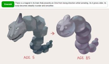 Rule 34 | aged up, before and after, character age, commentary, english text, gen 1 pokemon, grey background, highres, louie zong, nintendo, no humans, onix, parody, pokemon, pokemon (creature), pokemon focus, simple background