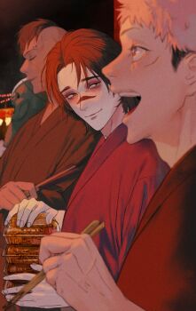 4boys bags_under_eyes black_hair brothers brown_eyes brown_hair chopsticks choso_(jujutsu_kaisen) closed_eyes closed_mouth colored_skin dark-skinned_male dark_skin eso_(jujutsu_kaisen) eyebrow_piercing face_piercing facial_mark food green_skin hand_fan highres holding holding_fan itadori_yuuji jujutsu_kaisen kechizu_(jujutsu_kaisen) male_focus mohawk monster_boy multiple_boys naspibon_ox nonexistent_memories_(jujutsu_kaisen) noodles open_mouth pale_skin piercing pink_hair short_hair siblings smile teeth transparent upper_body upper_teeth_only