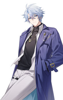 1boy absurdres antenna_hair black_sweater blue_coat blue_eyes blush chinese_commentary coat collared_shirt commentary_request gold_necklace hand_in_pocket highres honkai:_star_rail honkai_(series) jewelry looking_at_viewer male_focus necklace o8622 official_alternate_costume open_clothes open_coat open_shirt pants parted_bangs phainon_(honkai:_star_rail) phainon_(luckin_coffee)_(honkai:_star_rail) shirt short_hair simple_background solo sweater thigh_strap turtleneck turtleneck_sweater white_background white_hair white_pants white_shirt