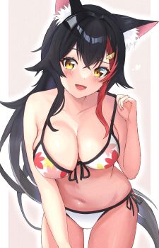 1girl animal_ear_fluff animal_ears beaterpx bikini black_hair blush breasts cleavage collarbone front-tie_bikini_top front-tie_top hair_between_eyes hair_ornament highres hololive large_breasts leaf_print leaning_forward long_hair looking_at_viewer multicolored_hair navel official_alternate_costume ookami_mio ookami_mio_(hololive_summer_2019) open_mouth red_hair side-tie_bikini_bottom smile solo stomach streaked_hair swimsuit tail very_long_hair virtual_youtuber white_bikini wolf_ears wolf_girl wolf_tail yellow_eyes