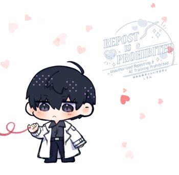 1boy :&lt; ahoge black_eyes black_hair black_shirt coat collared_shirt commentary double-parted_bangs full_body hair_between_eyes heart kim_dokja kimidori_22 male_focus omniscient_reader&#039;s_viewpoint open_clothes open_coat out_of_frame shirt short_hair solo standing string string_of_fate symbol-only_commentary thumbnail_surprise white_coat