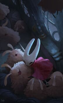 1girl :3 arthropod_girl black_eyes black_skin cloak colored_skin flea_(hollow_knight) fluffy full_body gamgyuls highres hollow_eyes hollow_knight hollow_knight:_silksong horned_mask hornet_(hollow_knight) horns mask needle_(hollow_knight) red_cloak smile standing weapon white_mask