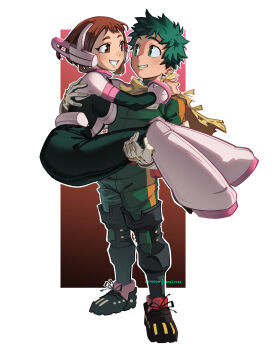 Rule 34 | 1boy, 1girl, absurdres, arms around neck, black bodysuit, black shoes, bodysuit, boku no hero academia, boots, border, breasts, brown eyes, brown hair, cape, carrying, commentary, freckles, full body, gloves, gradient background, green bodysuit, green eyes, green hair, headset, highres, looking at another, medium breasts, midoriya izuku, multicolored bodysuit, parted lips, patreon username, princess carry, shoes, short hair, smile, standing, superhero costume, torn cape, torn clothes, two-tone bodysuit, untranslatable commentary, uraraka ochako, vanelover, white bodysuit, white boots, white border, white gloves, yellow cape
