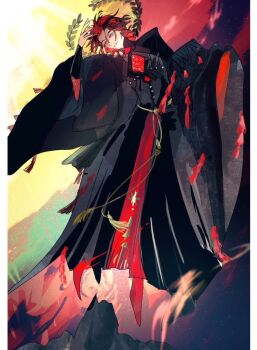 1boy black_hair coat crown curly_hair dante_alighieri_(fate) dante_alighieri_(third_ascension)_(fate) fate/grand_order fate_(series) floating floating_crown grey_eyes laurel_crown lona8uakn long_sleeves male_focus medium_hair midair multicolored_hair red_hair robe solo two-tone_hair