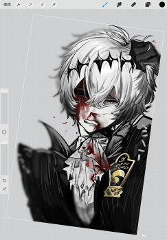 11e 1boy art_program_in_frame artist_name ascot black_gloves blood blood_on_clothes blood_on_face bloody_tears chinese_commentary clenched_teeth commentary_request crossed_bangs diamond_hairband double-parted_bangs frown gloves grabbing_own_hair grey_background grid_background hair_between_eyes hand_in_own_hair hand_up happy_halloween highres holding_own_hair injury male_focus missing_eye nosebleed one_eye_closed pain pinstripe_pattern procreate_(medium) procreate_(software) reverse_ryona short_hair simple_background skully_j._graves solo tears teeth twisted_wonderland upper_body very_short_hair watermark weibo_watermark white_ascot white_hair
