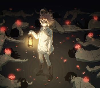 1girl ahoge arm_at_side boots censored censored_identity closed_eyes corpse dark emma_(yakusoku_no_neverland) eyelashes flower highres holding holding_lantern lantern long_sleeves neck_tattoo night number_tattoo pleated_skirt qin_(7833198) red_flower short_hair skirt solo_focus spider_lily tattoo yakusoku_no_neverland