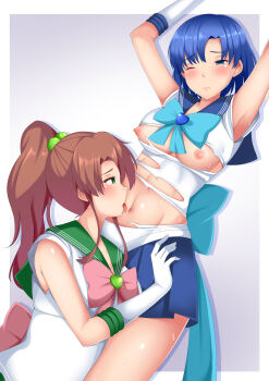 Rule 34 | 2girls, absurdres, bishoujo senshi sailor moon, blue eyes, blue hair, breasts, brown hair, female focus, green eyes, highres, kino makoto, large breasts, licking, licking navel, magical girl, matching hair/eyes, mizuno ami, multiple girls, navel, nipples, one eye closed, rizukiri, sailor jupiter, sailor mercury, sailor senshi uniform, tongue, torn clothes, yuri