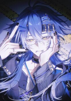 1boy \m/ absurdres alternate_costume antenna_hair artist_name artist_request black_nails blue_jacket caution_tape chinese_commentary choker commentary_request commission crossed_bangs eyebrow_piercing face_piercing flins_(genshin_impact) genshin_impact gradient_hair hair_between_eyes hair_ornament hair_over_shoulder hairclip hand_on_own_face hand_up highres jacket jewelry lip_piercing long_hair long_sleeves looking_at_viewer male_focus multicolored_hair multiple_rings nose_piercing piercing ring second-party_source solo spotlight upper_body watermark yellow_eyes