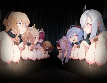 6+girls amber_(genshin_impact) barbara_(genshin_impact) beidou_(genshin_impact) blue_hair breasts brown_hair collar earrings ganyu_(genshin_impact) genshin_impact horns implied_sex jean_(genshin_impact) jewelry karou_(circle_karouke) keqing_(genshin_impact) large_breasts lisa_(genshin_impact) multiple_girls nipples nude purple_hair red_hair rosaria_(genshin_impact) shenhe_(genshin_impact) skindentation slave sweat sweatdrop tongue tongue_out topless upper_body white_hair