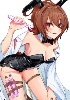 1girl absurdres agnes_tachyon_(umamusume) ahoge animal_ears black_bow black_bowtie black_leotard blush bow bowtie breasts brown_hair cleavage coat commentary_request cork detached_collar ear_covers hair_between_eyes highres holding holding_test_tube horse_ears horse_girl horse_tail ikaeru_squid19 lab_coat leotard looking_at_viewer medium_breasts medium_hair open_clothes open_coat parted_lips red_eyes simple_background smile solo tail test_tube thigh_strap umamusume white_background white_coat