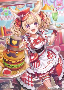 1girl :d animal_ear_fluff animal_ears apron asymmetrical_legwear black_streaks blonde_hair brown_vest burger checkered_floor checkered_thighhighs commentary_request copyright_notice diner donut drink earrings facial_mark fishnet_thighhighs fishnets food fox_ears fox_girl fox_tail french_fries frilled_overskirt frilled_sleeves frilled_thigh_strap frills garter_straps hat heart heart-shaped_pupils heart_earrings holding holding_tray hololive implied_extra_ears indoors jewelry layered_skirt looking_at_viewer mark_under_eye medium_hair mini_hat miniskirt mismatched_legwear multicolored_hair name_tag official_alternate_costume official_alternate_hairstyle official_art omaru_polka omaru_polka_(waitress) open_mouth overskirt para_sitism peaked_cap pink_streaks pleated_skirt puffy_short_sleeves puffy_sleeves purple_eyes red_hat red_skirt shirt short_sleeves single_garter_strap skirt smile solo streaked_hair symbol-shaped_pupils tail teeth thigh_strap thighhighs tilted_headwear tray twintails upper_teeth_only vertical-striped_sleeves vest virtual_youtuber waist_apron waitress white_apron white_shirt