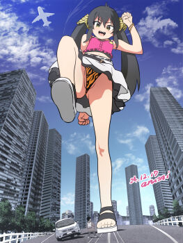 1girl ahoge aircraft airplane animal_print arm_behind_back arm_up armpits artist_request assertive_female black_hair bracelet building city collarbone crop_top day eyelashes feet feet_up female_focus fingernails flat_chest from_below full_body giant giantess gluteal_fold hair_between_eyes hair_ornament happy idolmaster idolmaster_cinderella_girls idolmaster_cinderella_girls_u149 incoming_attack jewelry knees legs leopard_print loli long_hair long_twintails looking_down matoba_risa midriff miniskirt namco navel neck necklace open_mouth outdoors panties partially_visible_vulva print_panties sandals shoe_soles sidelocks signature skirt sky skyscraper sleeveless standing standing_on_one_leg stomping thighs toenails toes twintails underwear very_long_hair what white_skirt yellow_eyes