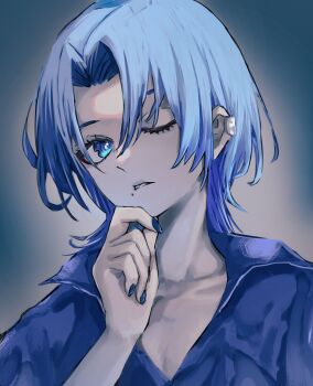 Rule 34 | 1girl, absurdres, blue eyes, blue hair, blue nails, blue shirt, earclip, handa vega, highres, hiodoshi ao, hololive, hololive dev is, medium hair, mole, mole under mouth, one eye closed, shirt, solo, virtual youtuber, wolf cut
