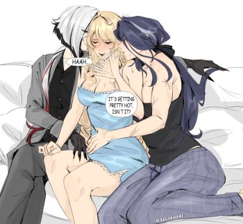 3girls arlecchino_(genshin_impact) artist_name black_hands black_shirt blonde_hair blue_dress blue_hair breasts cleavage clorinde_(genshin_impact) closed_eyes colored_extremities commentary dress english_commentary frilled_dress frills genshin_impact grey_pants highres long_hair multiple_girls navia_(genshin_impact) open_mouth pajamas pants seijousai shirt sitting yuri