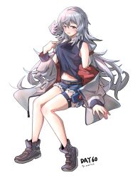 Rule 34 | 1girl, absurdres, alternate costume, arknights, bare shoulders, belt, black footwear, black tank top, blue eyes, blush, commentary request, cutoffs, dated, denim, denim shorts, feathered wings, feathers, gaoling gangqin, head wings, highres, jacket, long hair, looking at viewer, mulberry (arknights), multicolored clothes, multicolored jacket, navel, open mouth, red jacket, shorts, simple background, solo, tank top, thigh strap, two-tone jacket, very long hair, white background, white feathers, white hair, white jacket, white wings, wings