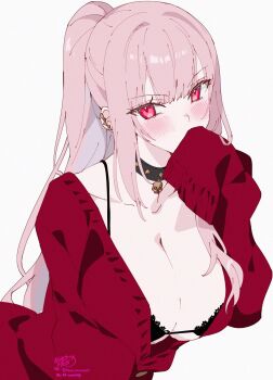 1girl asymmetrical_sidelocks black_bra black_collar blunt_bangs bra breasts cardigan cleavage collar commentary covering_own_mouth english_commentary hand_up highres hololive hololive_english kamiya_maneki lace lace-trimmed_bra lace_trim large_breasts long_hair looking_at_viewer mori_calliope pendant_collar pink_hair ponytail red_cardigan red_eyes sidelocks simple_background skull_belt sleeves_past_fingers sleeves_past_wrists smile solo symbol-only_commentary underwear upper_body virtual_youtuber white_background